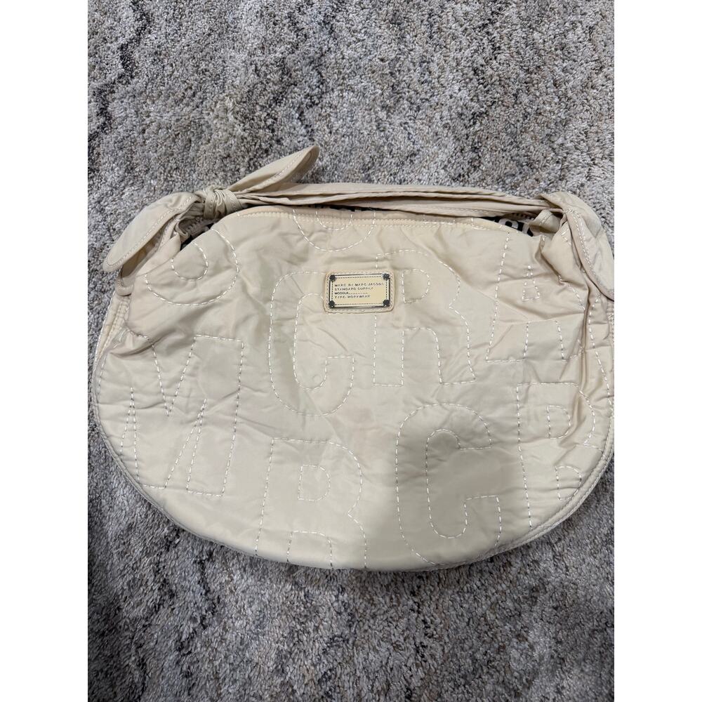 Marc by Marc Jacobs Beige Quilted Logo Crescent Zip Shoulder Bag Silver